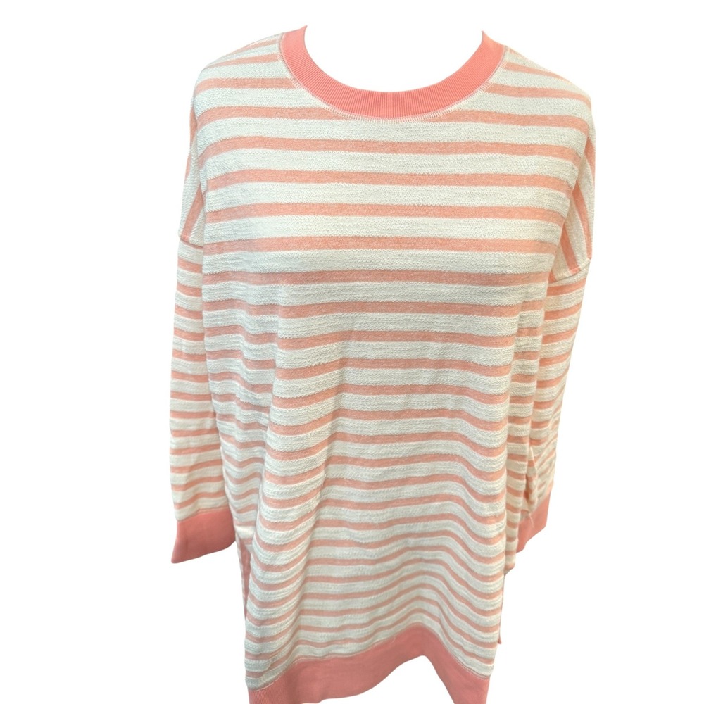 Old Navy Womens Large Pink‎ White Striped Long Sleeve Tunic Sweatshirt NWT